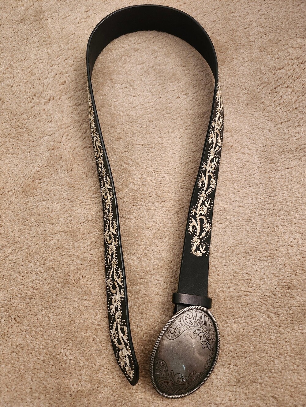 Nine West Black Western Leather Belt with Embroidery And Silver Oval Buckle